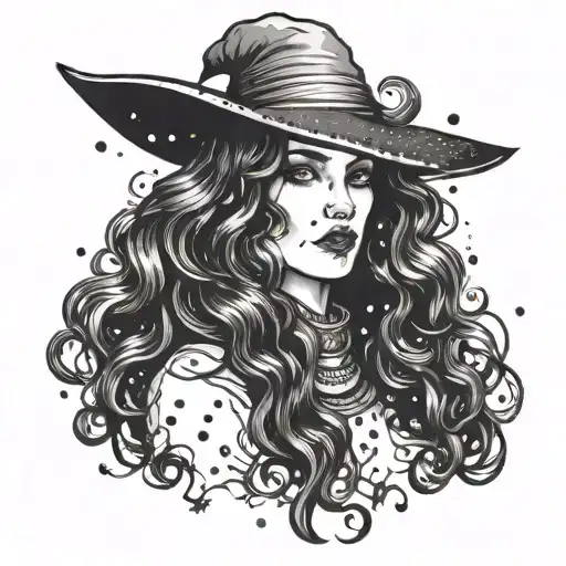 witch woman dark lettering black hair tattoo design idea