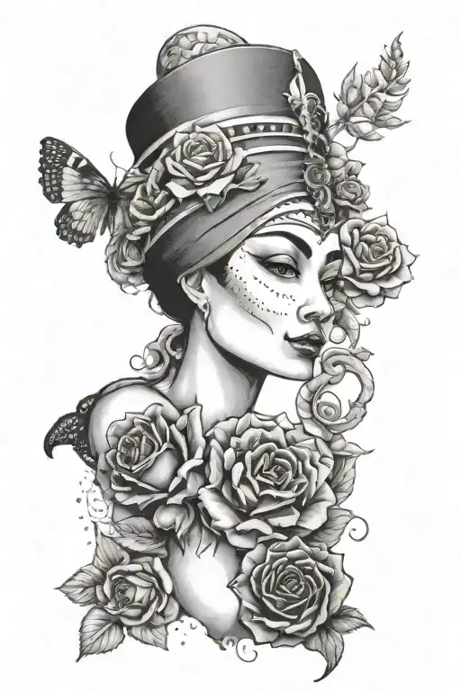 Nefertiti interacting with a nervous octopus and several roses and flowers around tattoo design idea
