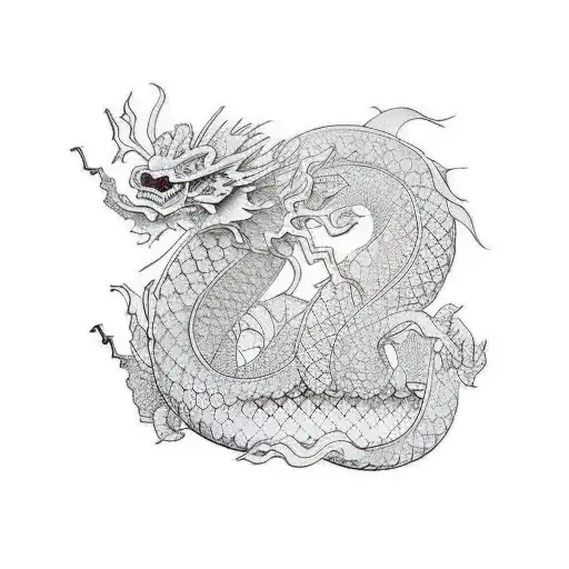 Japanese dragon of geometric shapes on the shoulder and chest tattoo design idea