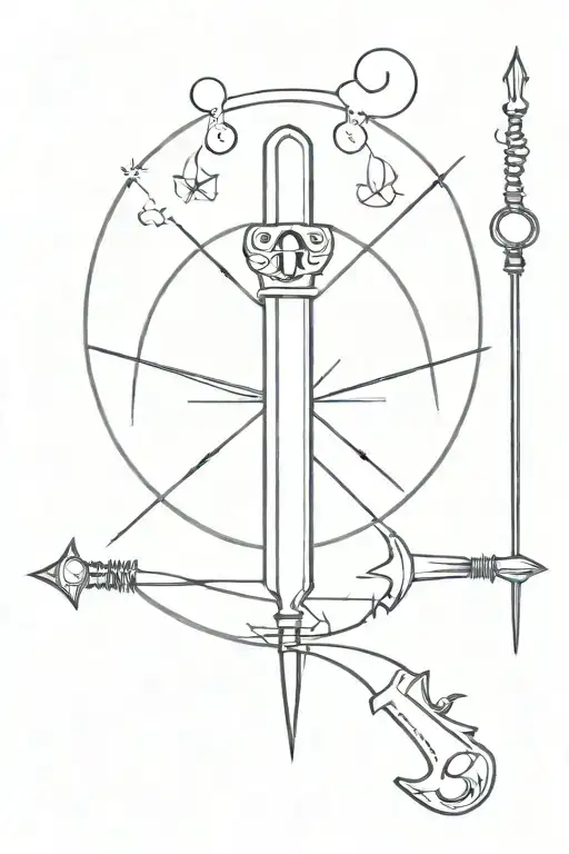 fire dagger shaped like a skeleton key at the bottom piercing the three moon phase symbol tattoo design idea