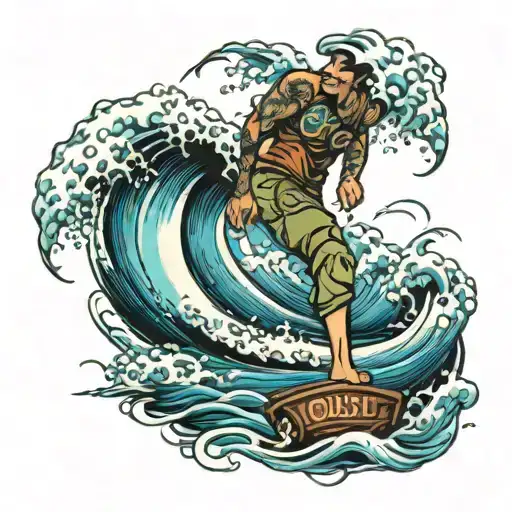 full arm sleeve of west coast surfing waves camping  tattoo design idea