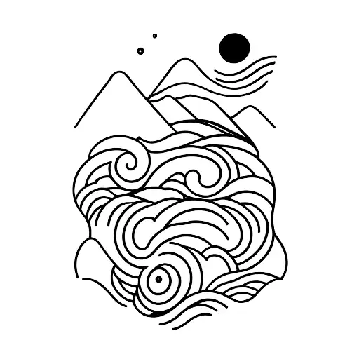line tattoo around arm, on one side there is waves and on other mountains tattoo design idea