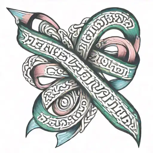 The word “Tempus victor omnium”  woven into a cancer ribbon, the colors of which resonate with the spirit of thyroid can tattoo design idea