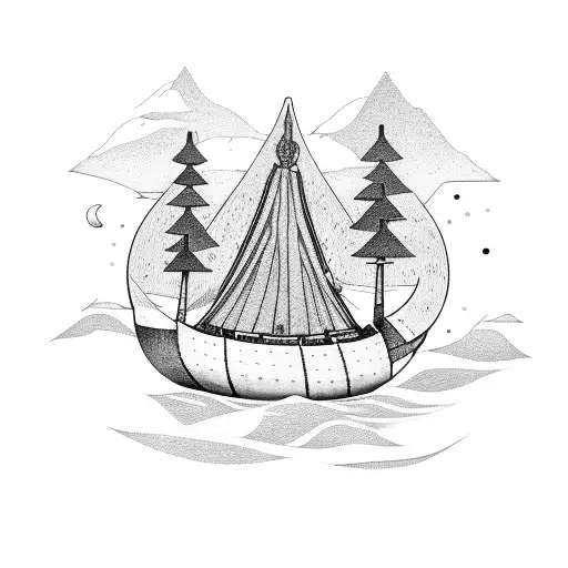 A viking ship sailing through a forest, with the titan Atlas holding the ship on his shoulders, all depicted in dotwork style tattoo design idea