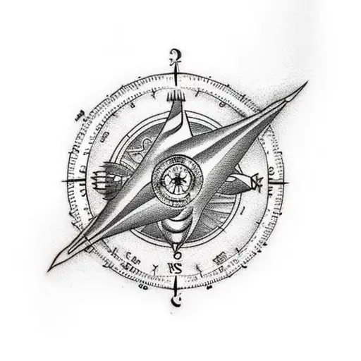 three section tattoo with travelers compass in the middle a flowing river at the bottom and ducks flying at the top tattoo design idea