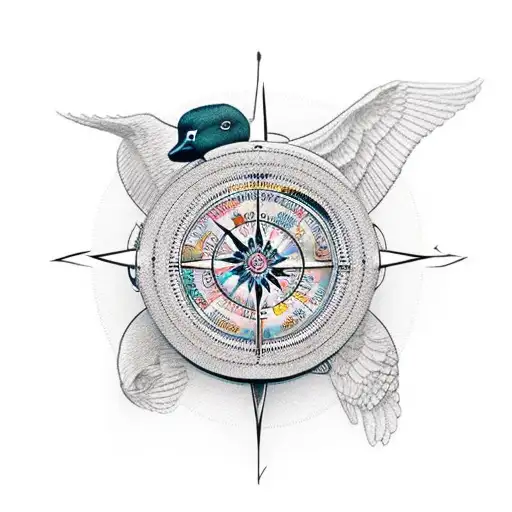 travelers compass with river at the bottom and duck flying over tattoo design idea