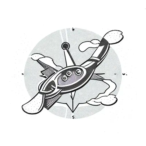 travelers compass with river at the bottom and duck flying over tattoo design idea