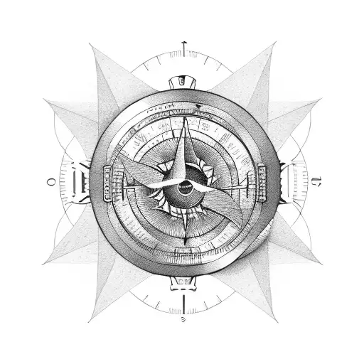 travelers compass with river at the bottom and duck flying over tattoo design idea