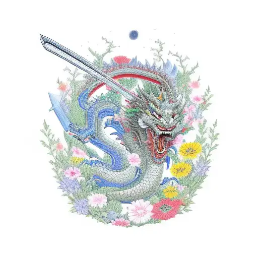 samurai standing in a flower garden with a dragon flaying behind him in the night sky tattoo design idea