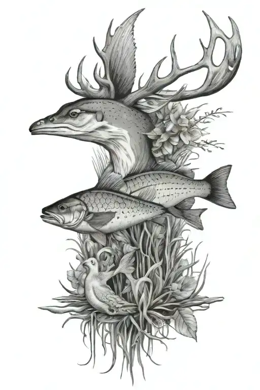 christian fish, deer, ducks, redfish marsh tattoo design idea