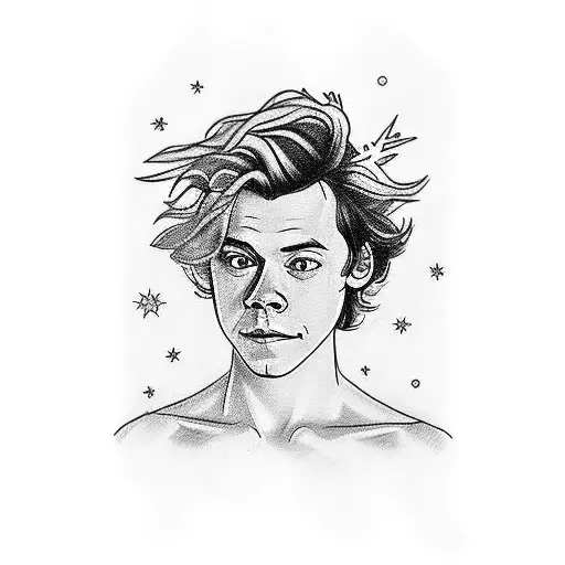 A sketch-style tattoo of Harry Styles surrounded by mythical creatures like centaurs and unicorns tattoo design idea
