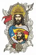 Spanish and Italian flag mixed with Jesus and effects in the background half sleeve tattoo design idea