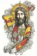 Spanish and Italian flag mixed with Jesus and effects in the background half sleeve tattoo design idea