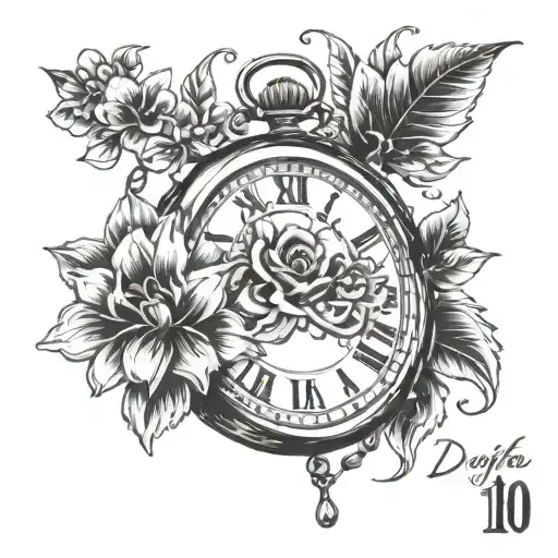 A pocket watch with the time 10.02pm incorporated into a design featuring a delicate flower, symbolizing the precious moments with your daughter Esme on the date 20-11-23 tattoo design idea
