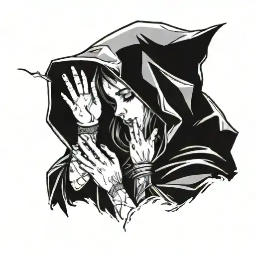 girl in a black cloak with hood, hands clasped in prayer, a halo of knives above her head, looking down and to the left tattoo design idea