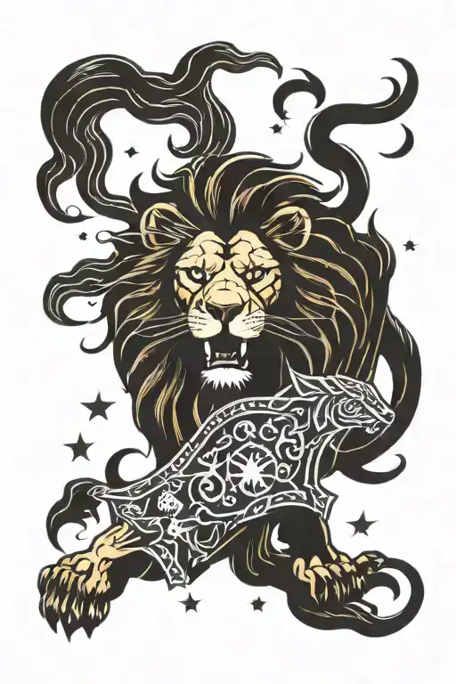 lion walking through the valley of the shadow of death being guided by three stars overhead tattoo design idea
