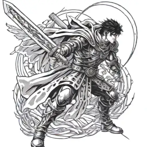 manga berserk with a realistic face of guts and his sword realistic and in the background the eclipse tattoo design idea