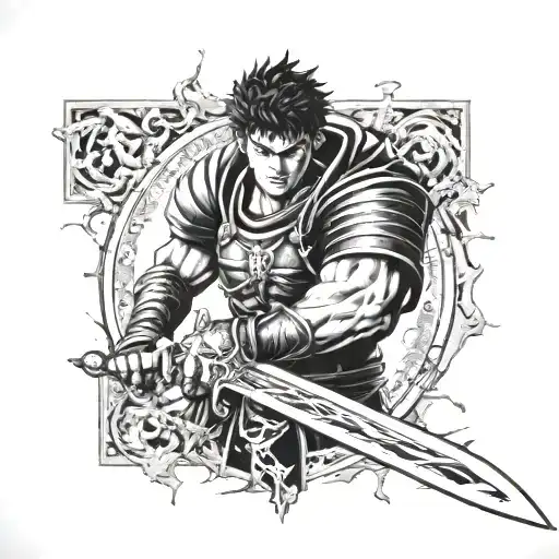 manga berserk with a realistic face of guts and his sword realistic and in the background the eclipse tattoo design idea