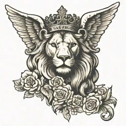angel and lion head wearing crown tattoo design idea