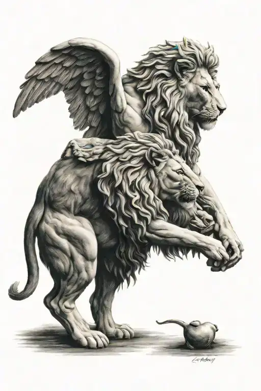 angel and lion head profile holding hands holding a heart tattoo design idea