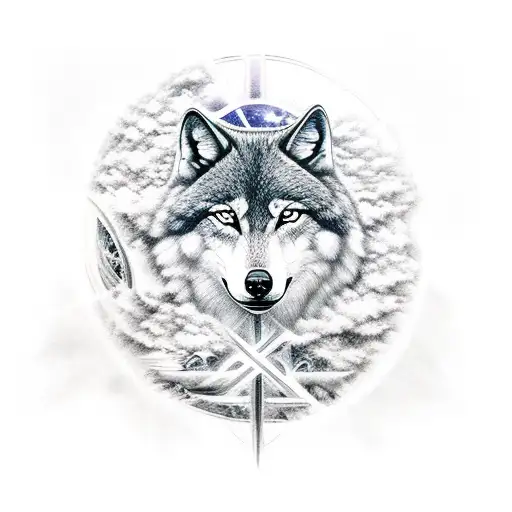 Stars, cosmos, heaven, cross, angels, wolfs, time, infinity, light tattoo design idea