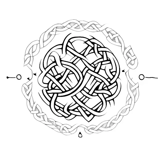 A dotwork tattoo of a Celtic knot intertwined with music notes and symbols. tattoo design idea