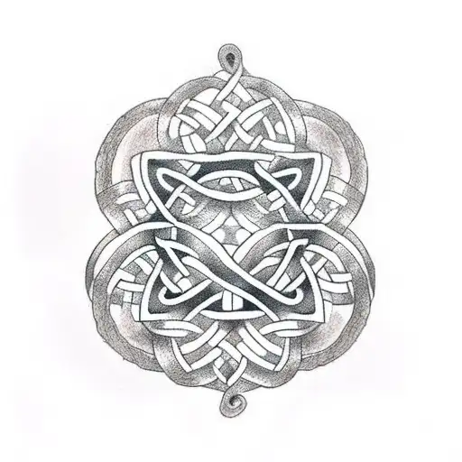 A dotwork tattoo of a Celtic knot intertwined with music notes and symbols. tattoo design idea