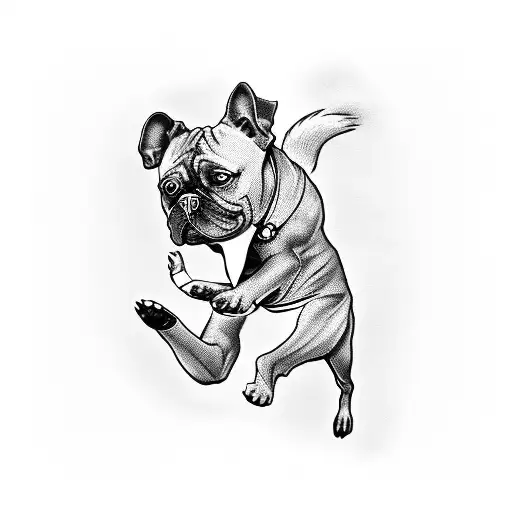 Create a tattoo design of a photographer capturing a moment of a dog dancing in a blackwork style tattoo design idea
