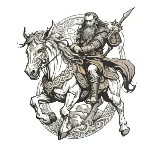 Create a detailed tattoo of Dáin Ironfoot, the iconic character from The Hobbit, in his heroic pose riding his war boar. tattoo design idea
