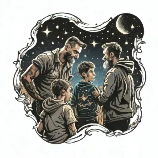 dad and 2 sons looking at the stars tattoo design idea
