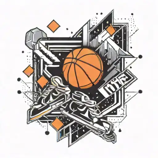 A geometric tattoo design incorporating symbols of video gaming, basketball, and ice skating in a visually striking way tattoo design idea