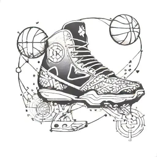 A geometric tattoo design incorporating symbols of video gaming, basketball, and ice skating in a visually striking way tattoo design idea