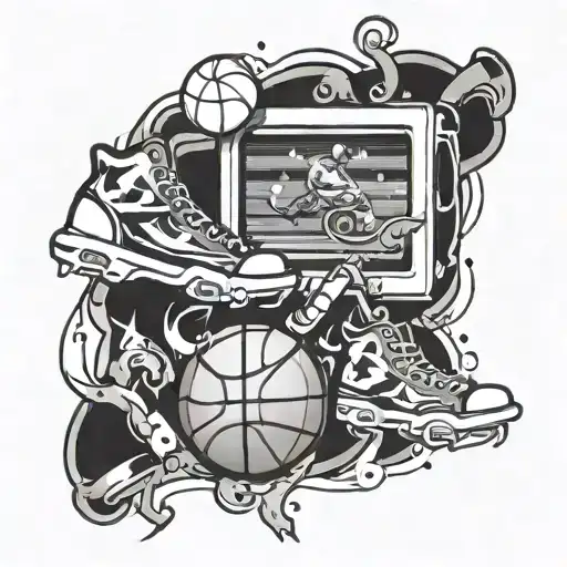A  tattoo design incorporating symbols of video gaming, basketball, and ice skating in a visually striking way tattoo design idea