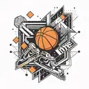 A geometric tattoo design incorporating symbols of video gaming, basketball, and ice skating in a visually striking way tattoo design idea