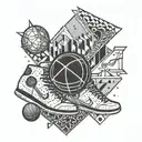 A geometric tattoo design incorporating symbols of video gaming, basketball, and ice skating in a visually striking way tattoo design idea