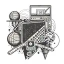 A geometric tattoo design incorporating symbols of video gaming, basketball, and ice skating in a visually striking way tattoo design idea