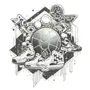 A geometric tattoo design incorporating symbols of video gaming, basketball, and ice skating in a visually striking way tattoo design idea