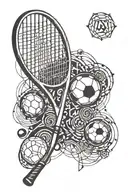 An abstract design featuring a tennis racket and a soccer ball with subtle psi symbols hidden within the pattern tattoo design idea