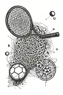 An abstract design featuring a tennis racket and a soccer ball with subtle psi symbols hidden within the pattern tattoo design idea
