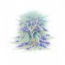 weaping willow tree with blue and purple roses intertwined in the trunk and roots tattoo design idea