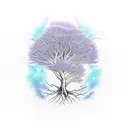 weaping willow tree with blue and purple roses intertwined in the trunk and roots tattoo design idea