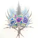 weaping willow tree with blue and purple roses intertwined in the trunk and roots tattoo design idea