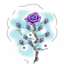 weaping willow tree with blue and purple roses intertwined in the trunk and roots tattoo design idea