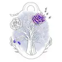 weaping willow tree with blue and purple roses intertwined in the trunk and roots tattoo design idea