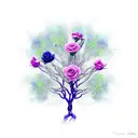 weaping willow tree with blue and purple roses intertwined in the trunk and roots tattoo design idea
