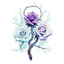 weaping willow tree with blue and purple roses intertwined in the trunk and roots tattoo design idea