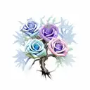 weaping willow tree with blue and purple roses intertwined in the trunk and roots tattoo design idea