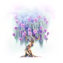 weaping willow tree with blue and purple roses intertwined in the trunk and roots tattoo design idea