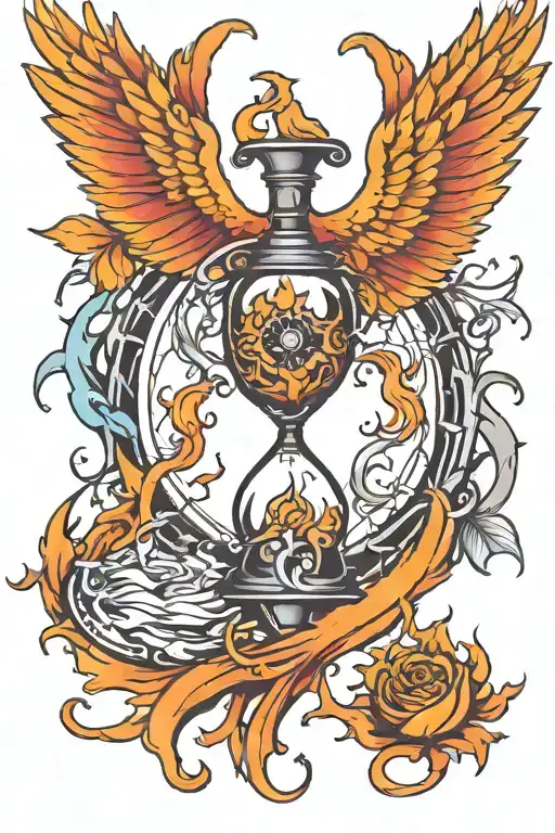 Phoenix rising from flames with hourglass filled tattoo design idea