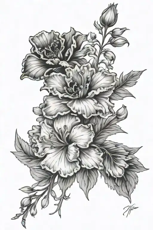 draw a tattoo with a carnation, Larkspur, and cosmo flower together in a bouquet tattoo design idea